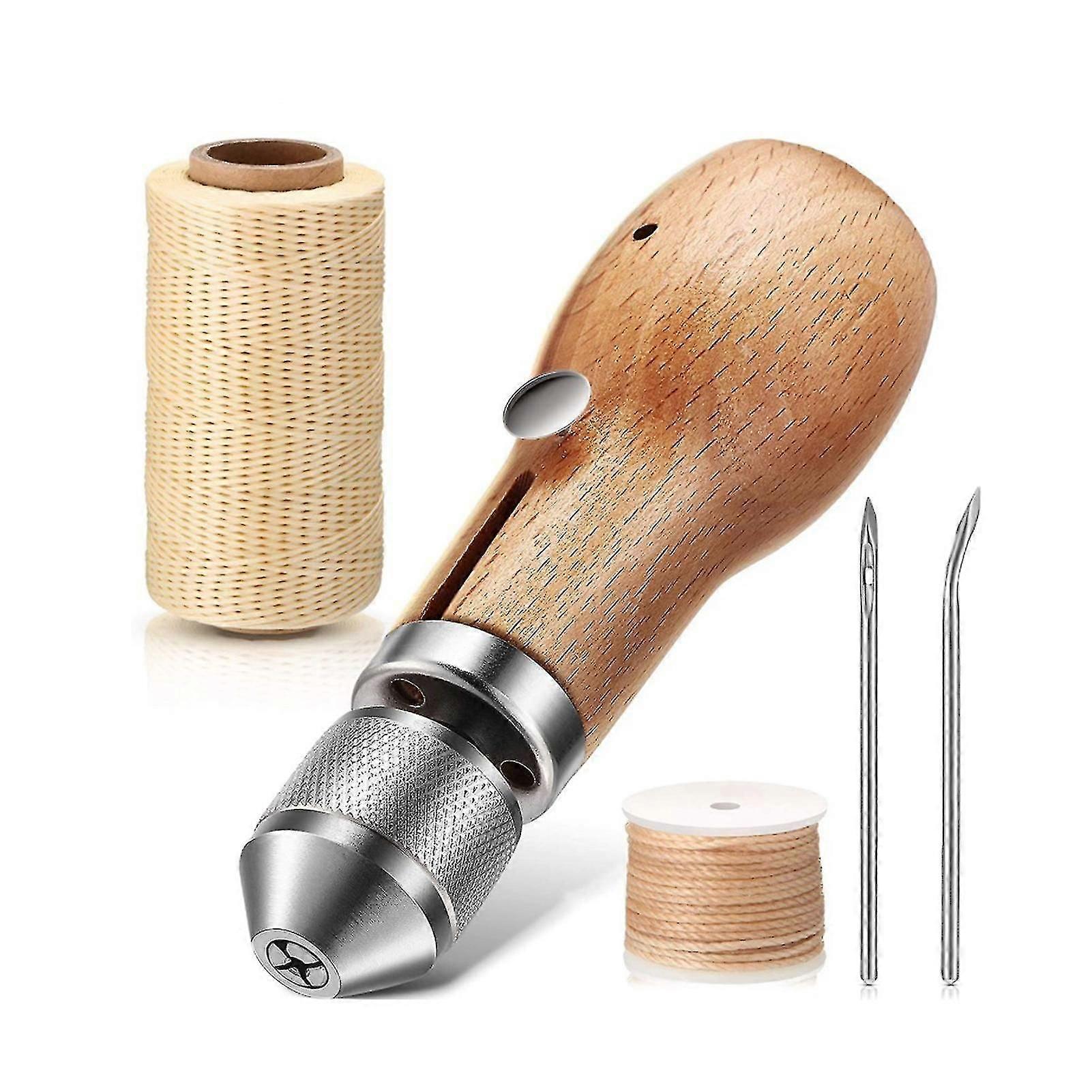Kit de couture en cuir avec 2 aiguilles Couture manuelle avec poignée en bois Outil d’aiguille de poinçon