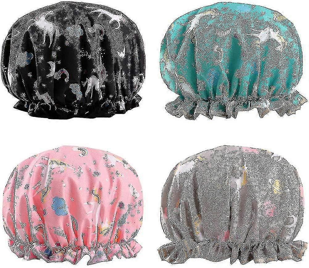 4 Pcs Shower Caps, Reusable Waterproof Shower Cap Polyester Unicorn Shower Caps