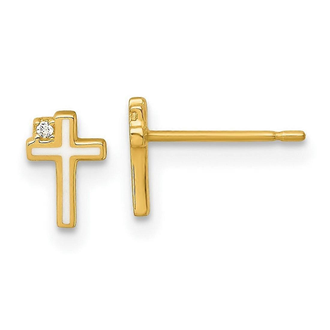 14k Solid Yellow Gold Polished Enameled Cubic Zirconia Religious Faith Cross Post Earrings 7.05x4.8mm Wide Stud Earring