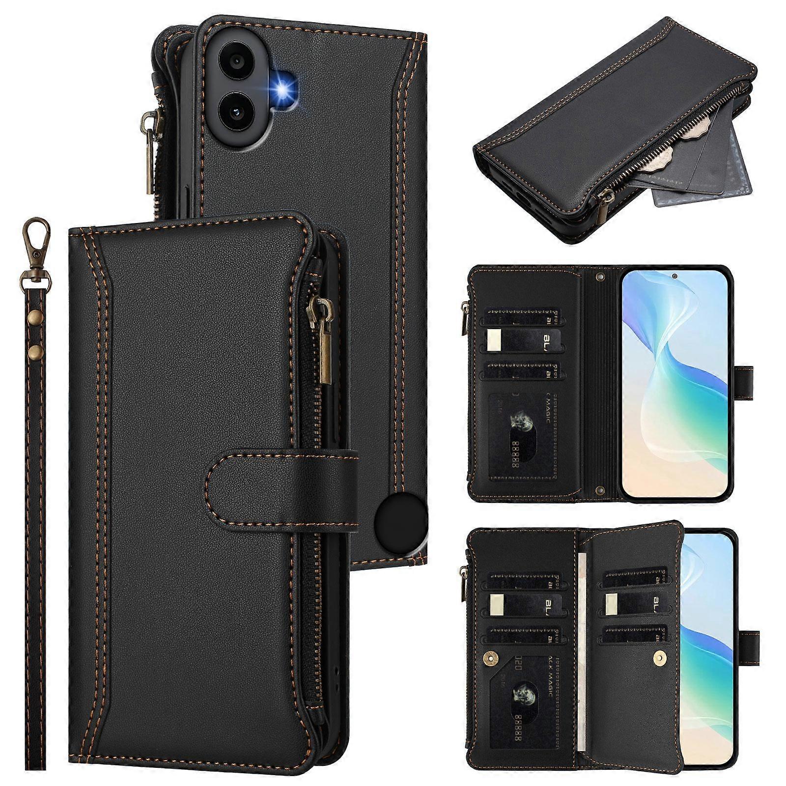 Magnetic Closure 9 Card Slots Zipper Leather Case with Hand Strap