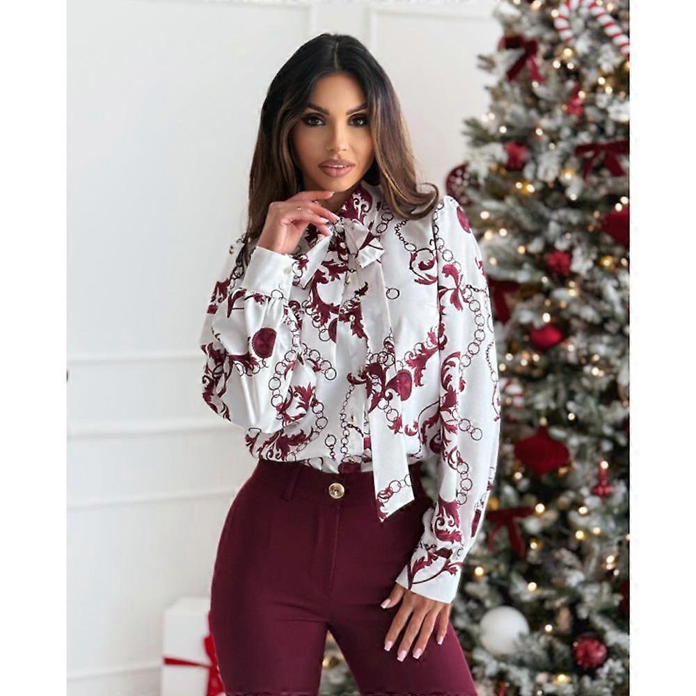 Spring Simple Printed Long Sleeved Bow Shirt for Women Top