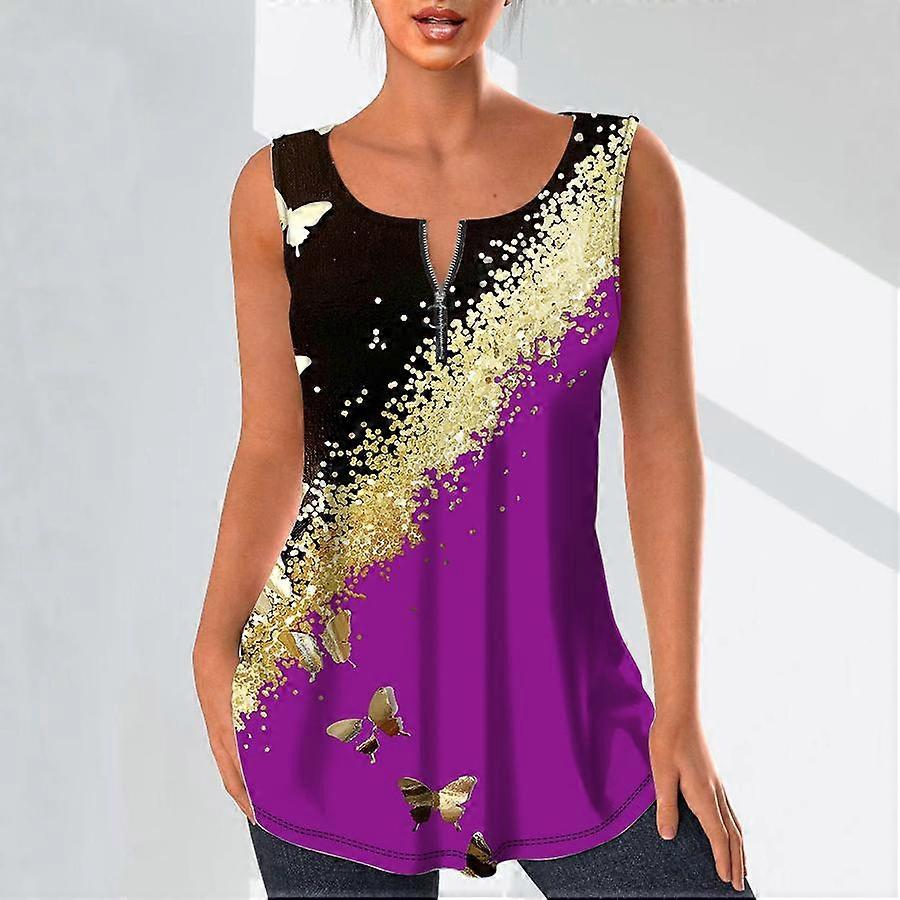 Women's Fashion V Neck Shirts Casual Tops T-shirt Ladies 3D The Golden Butterfly Print Vest Plus Size Sleeveless Blouse Tank Tops