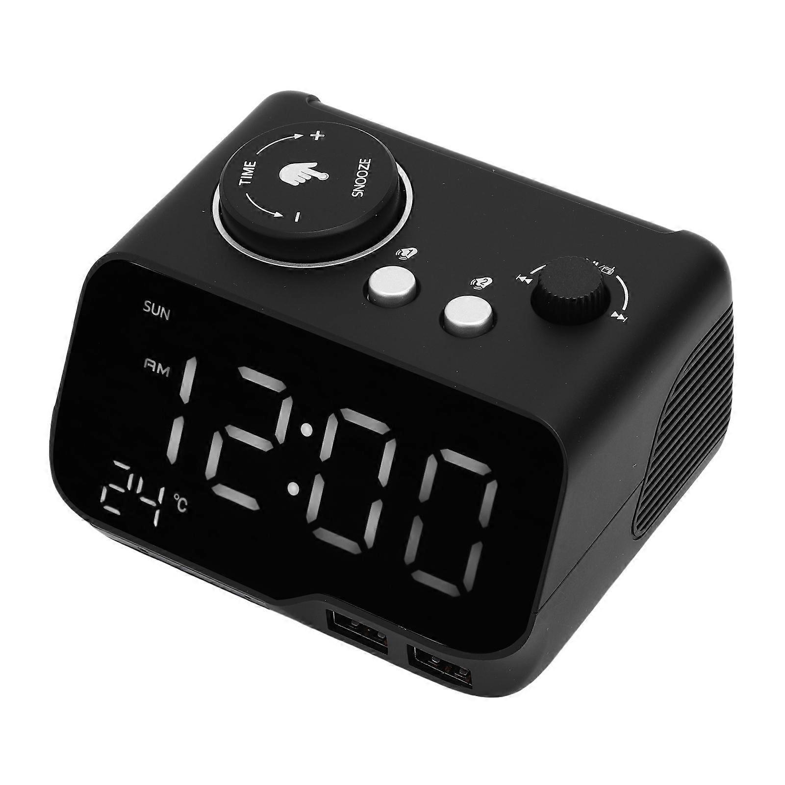 منبه رقمي مزدوج مع مكبر صوت بلوتوث وراديو FM ودرجة حرارة LED وعرض يوم من الأسبوع