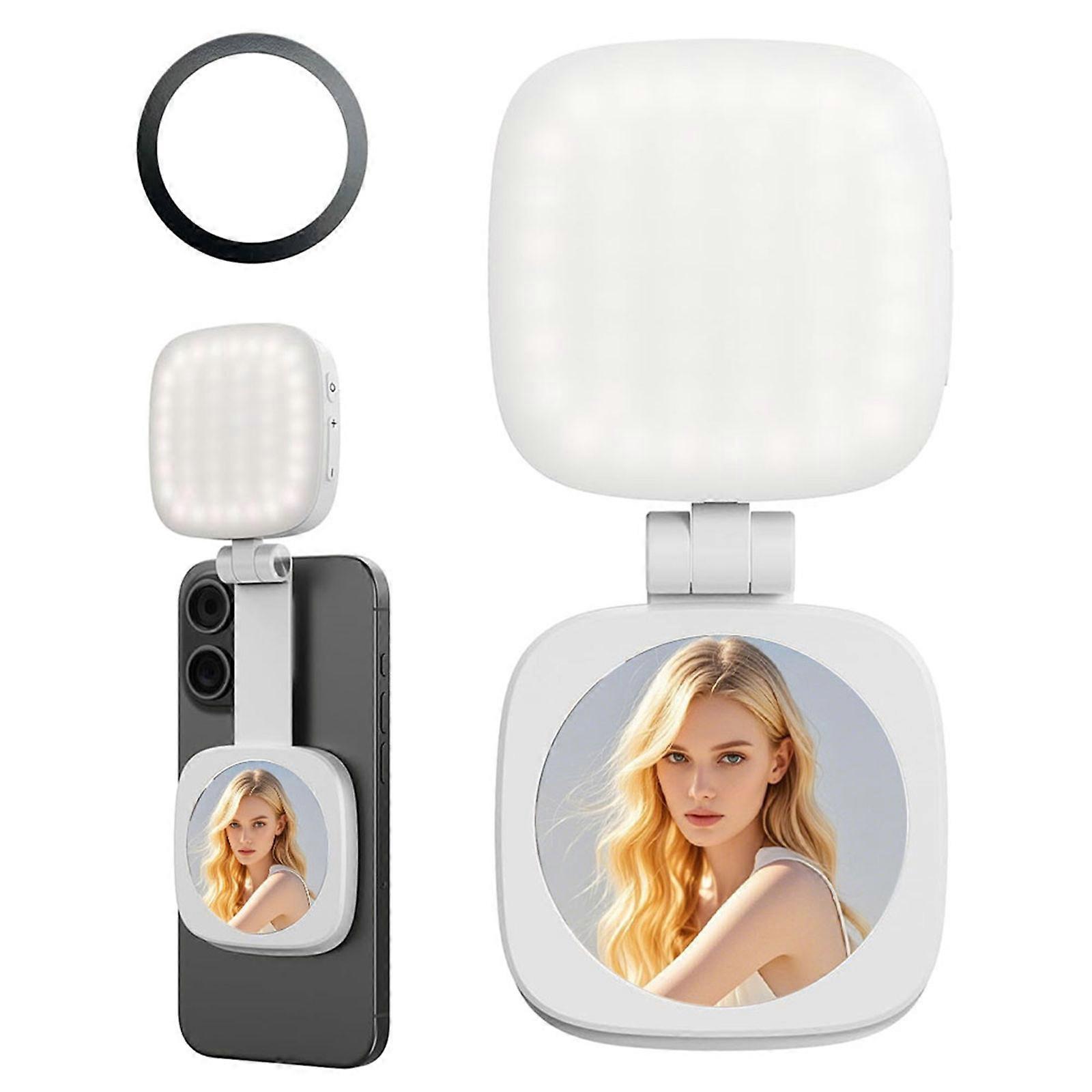 Magnetic Selfie Light Foldable Phone Fill Light with Mirror for Phone 16 15 14 360 Degree Rotating 5 Level Brightness  White