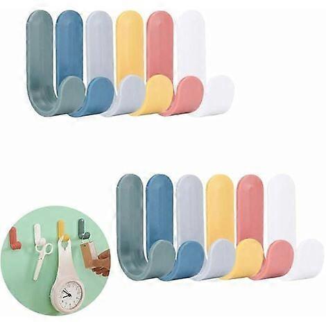 12 Pieces Wall Hooks Wall Mounted Hooks(6 Colors), Self Adhesive Wall Hooks, Plastic Adhesive Hooks, ABS Plastic Creative Cute J Spe Hooks fo