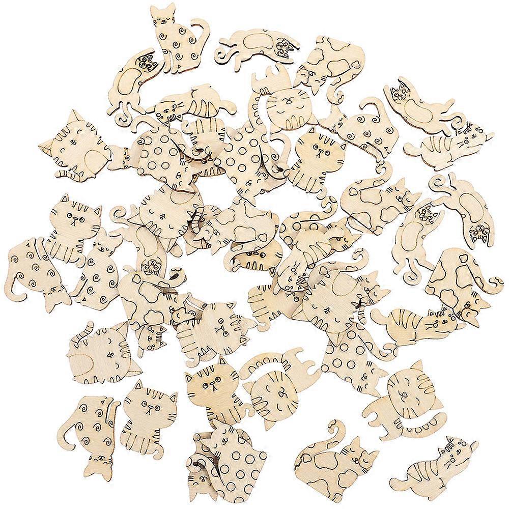 Cat Shaped Wooden Cutouts Unfinished DIY Graffiti Accessories Safe Smooth Wood Slices for Painting Creative Projects Home Decor Educational Use 50pcs