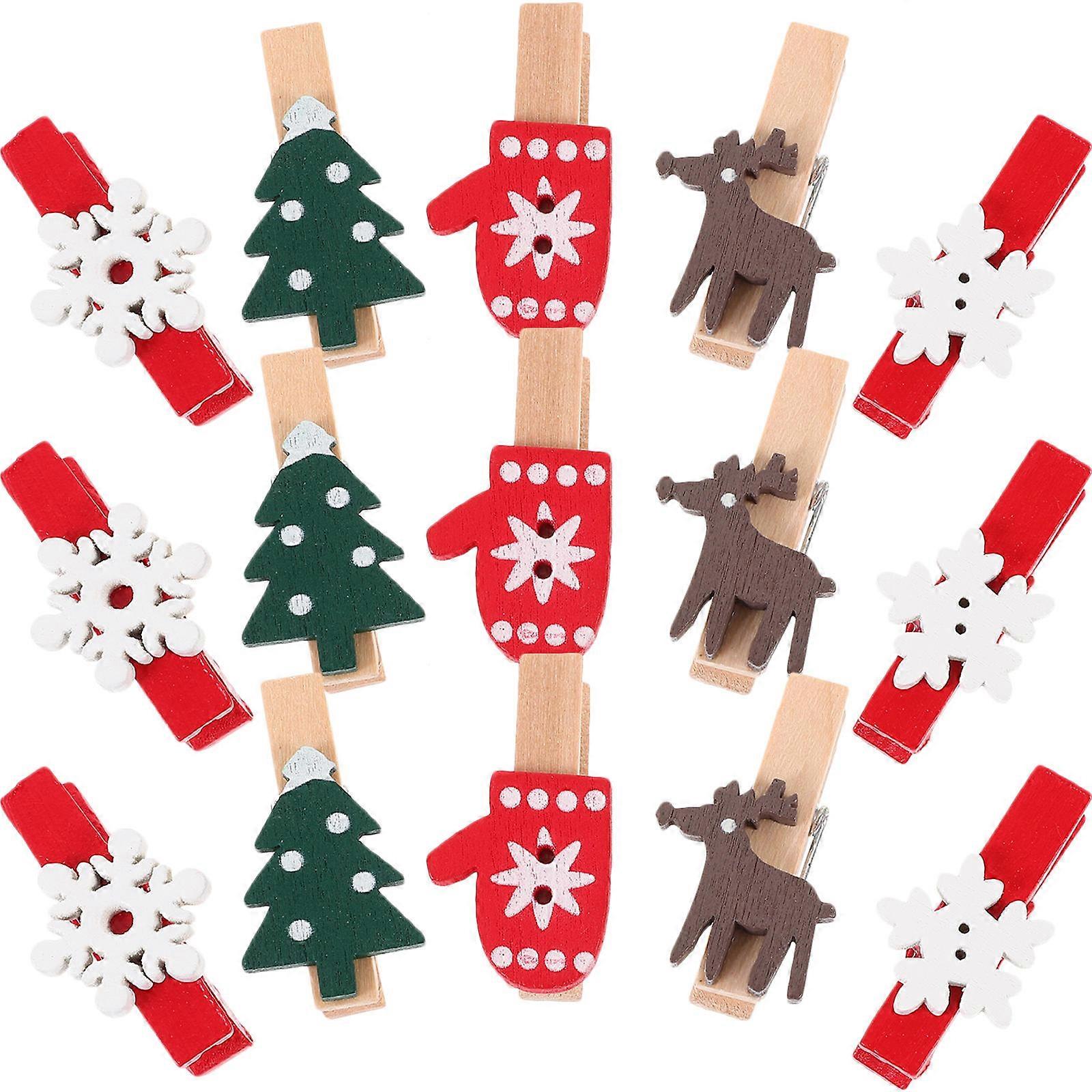 Christmas Wooden Clips Light String Photo Holders Decorative Clothespins Featuring Snowflake Glove Reindeer Tree Designs