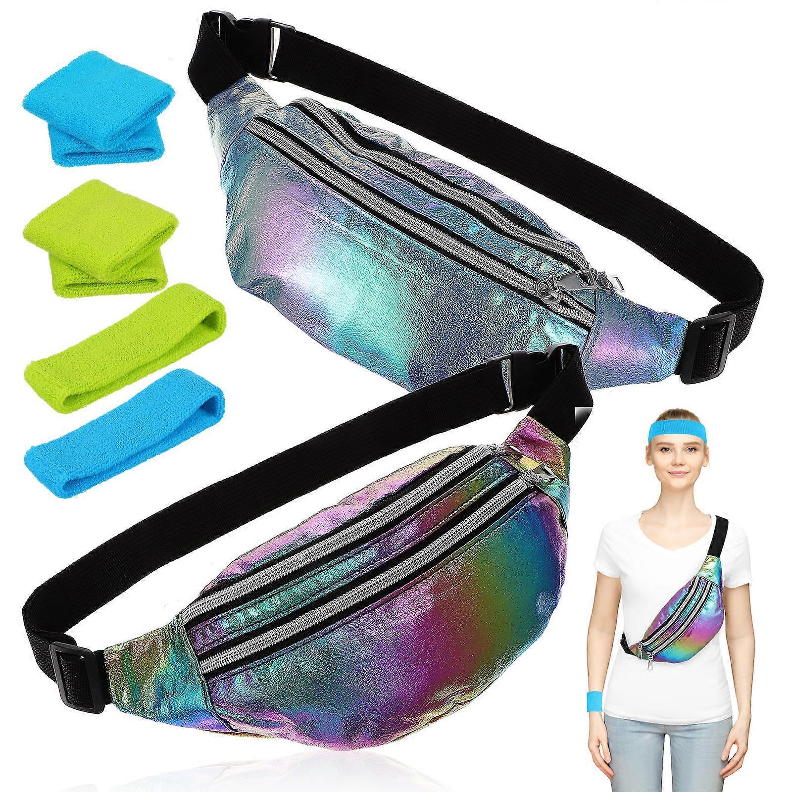 Holographic Fanny Pack Women's Vintage Belt Bag for Daily Use Blue Color Adjustable Belt Large Capacity 2Pcs