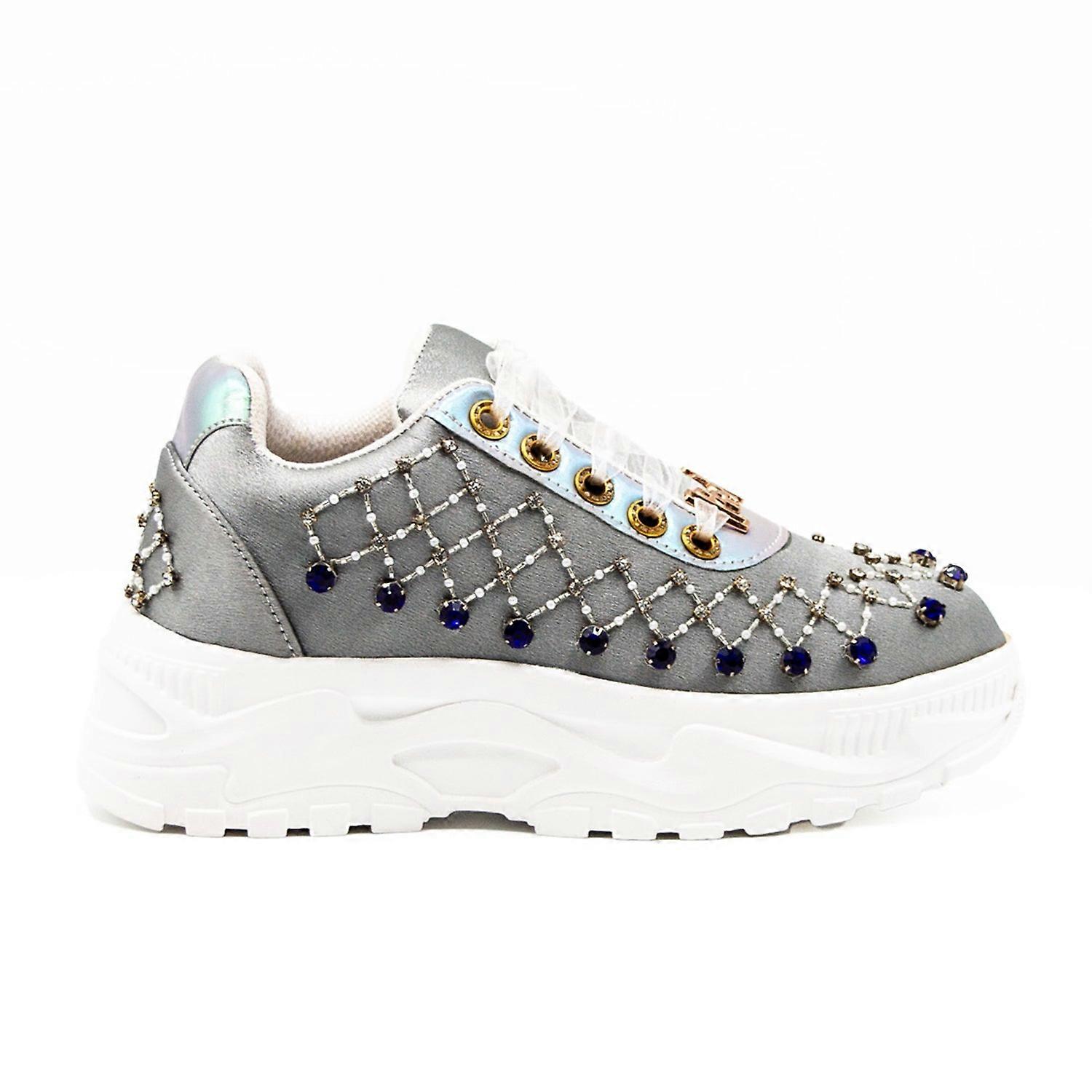 Remi luxury silver satin handmade embellished trainers