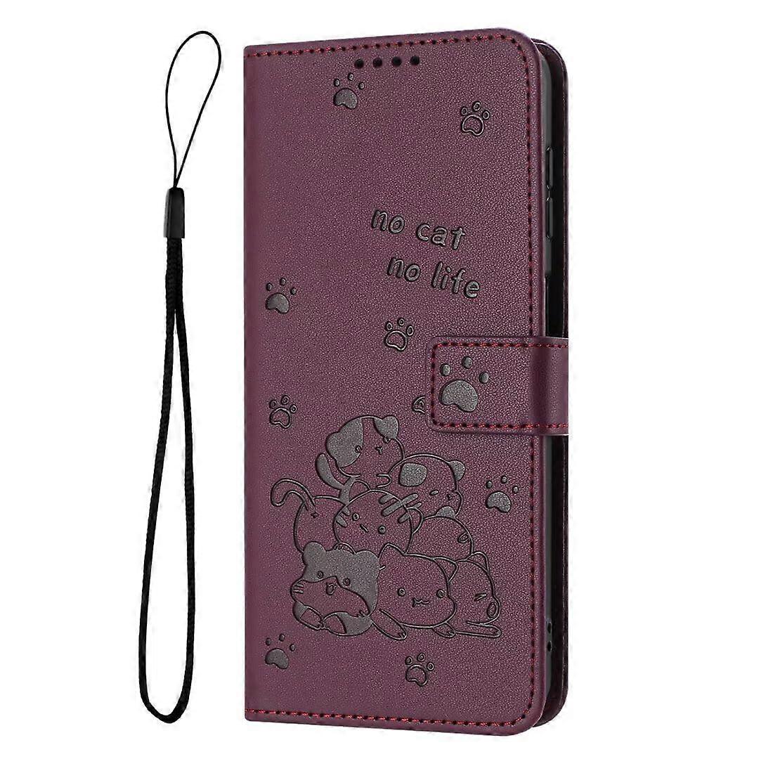 Wallet Case for iPhone 12 Pro Max with Card Holder and Stand, Embossed Cat Flowers, Shockproof Leather, Wine Red