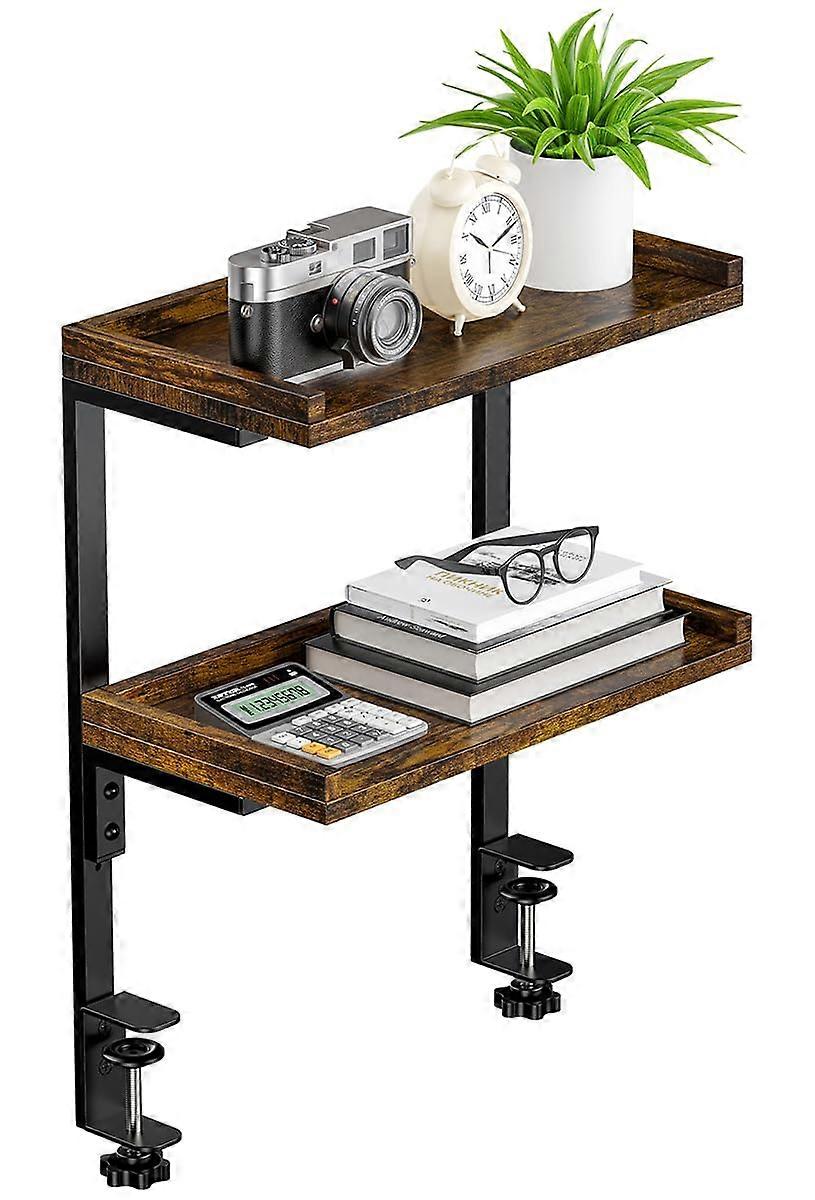 Clamp On Desk Shelf 2Tier, Wood Shelving Unit for Office Gaming Accessories, Tabletop Book Storage Rack, Shelf for of Desk, Brown