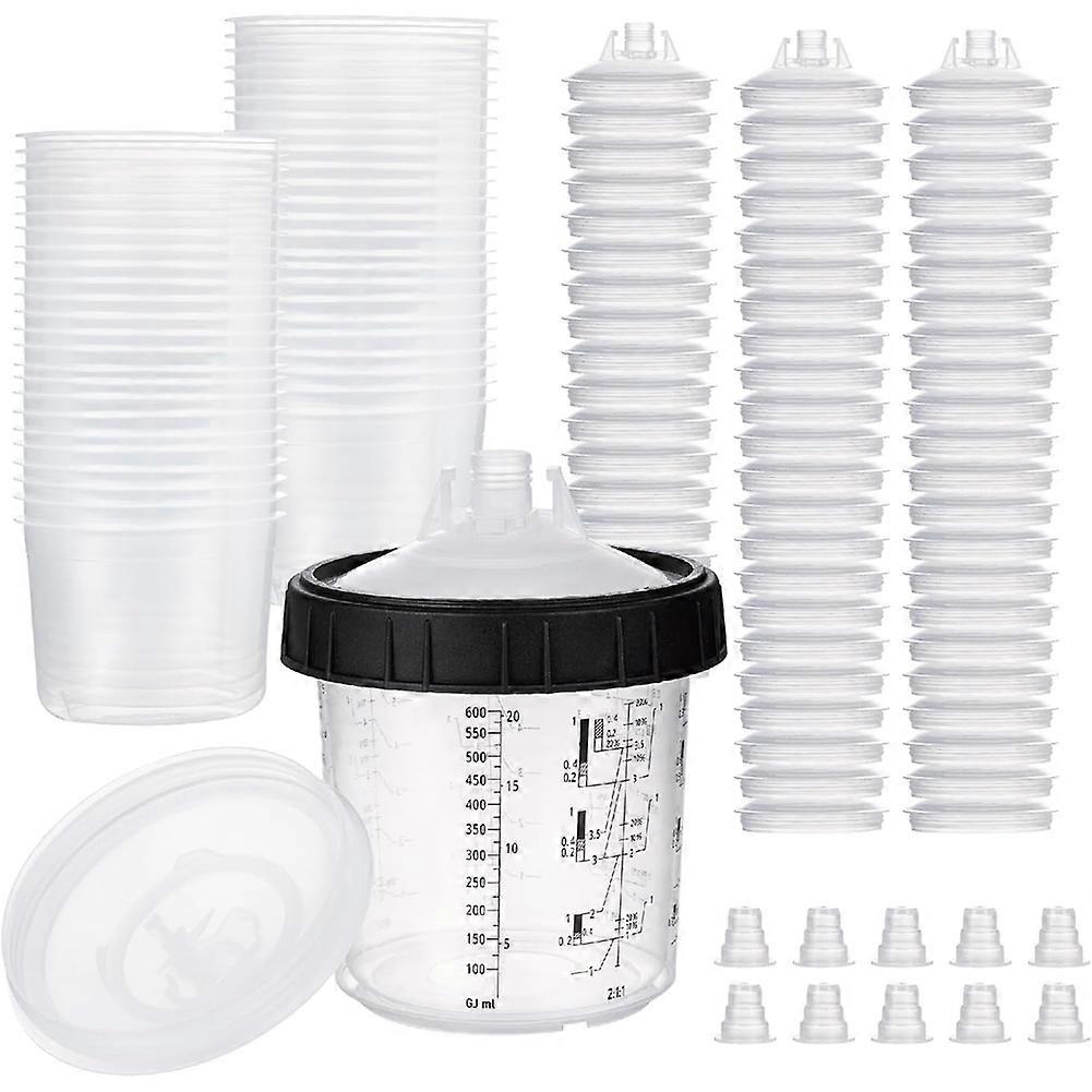 Paint Cups, Mixing & Paint Cup 20 Ounce (600ml) Kit 50 Cups and Lids System, 1 Hard Cup with Retainer Ring and 20 Plugs