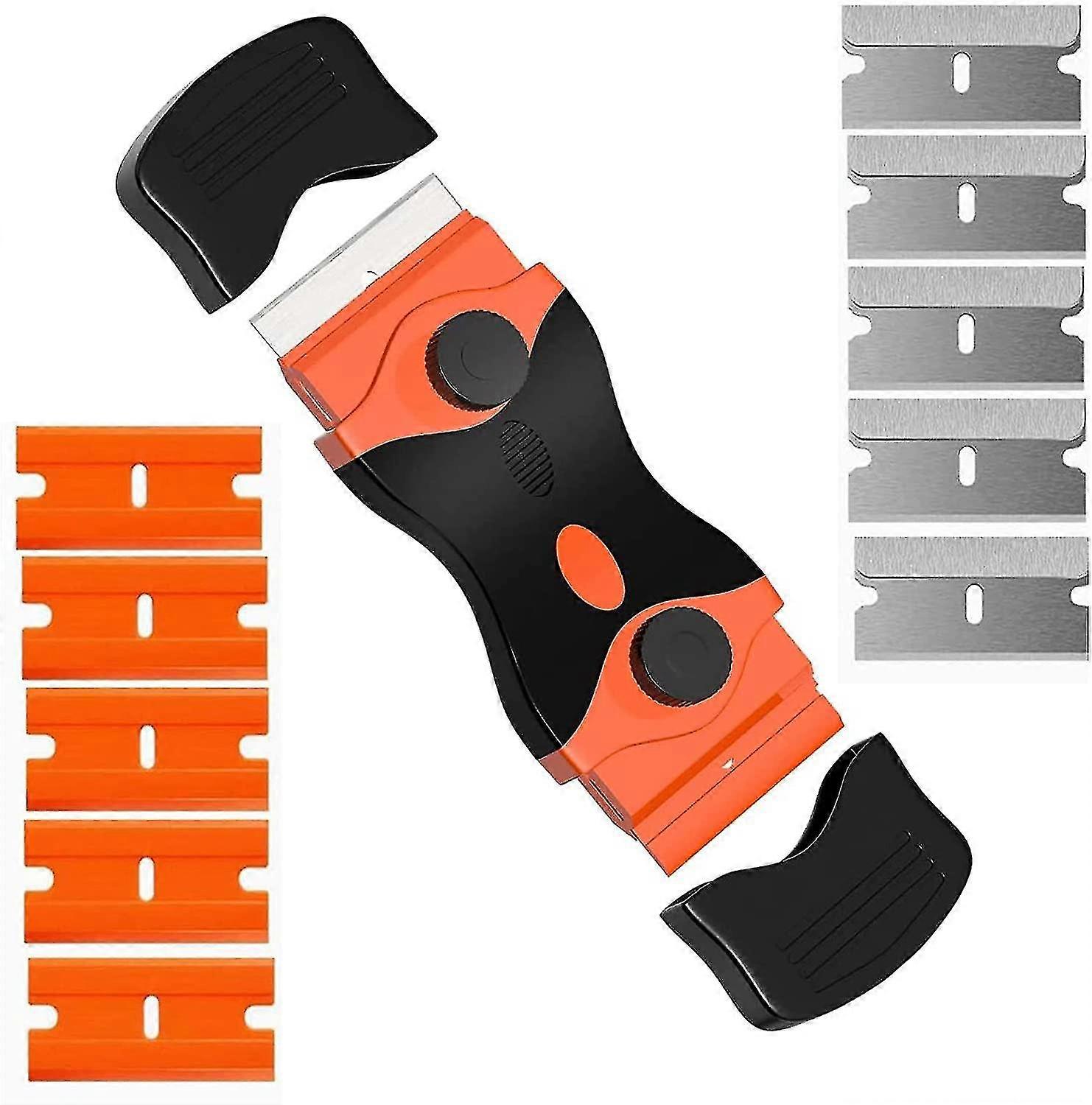 Stove scraper with double-sided and dual-material blades, compact and portable for easy operation