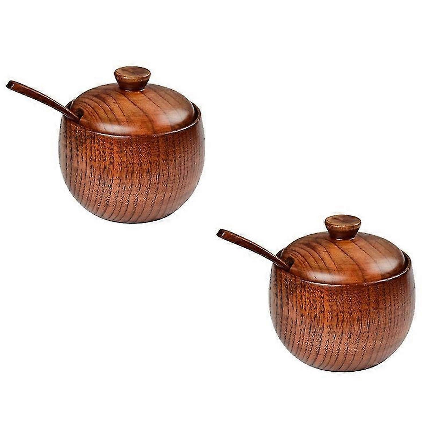 2 Pcs Wood Spice Jar with Wooden Lid and Spoon Nordic Concise Tool