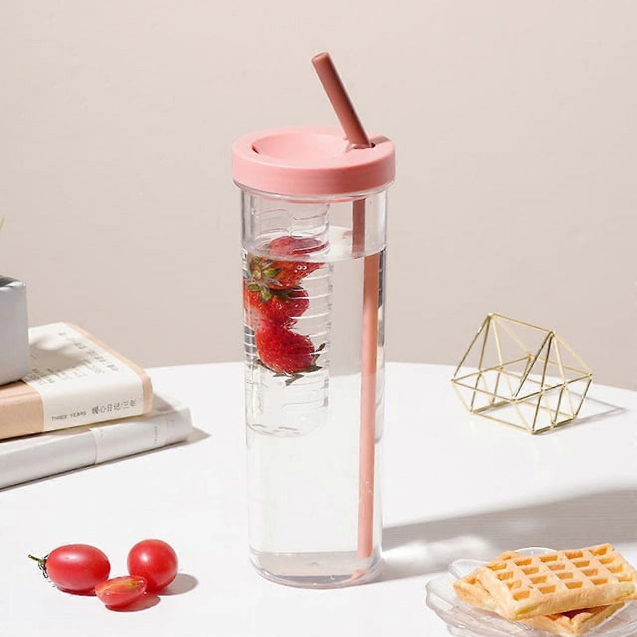 Portable Plastic Tumblers Cup with Lids and Straws, 24oz Clear Folding Straw Cup Reusable Juice Cups Lemon Filter Drinking Bottle, Pink