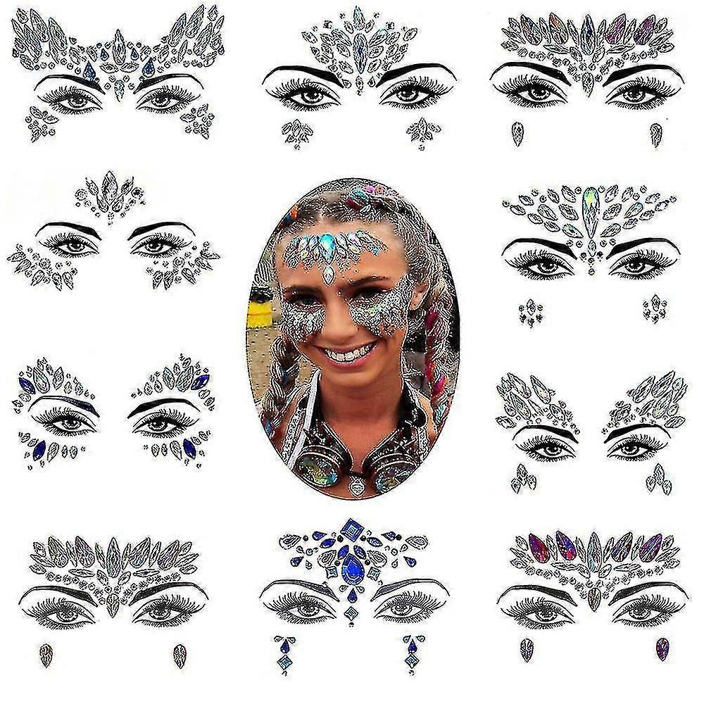 10セットフェスティバルフェイスジュエルステッカー、マーメイドティアフェイスタトゥー