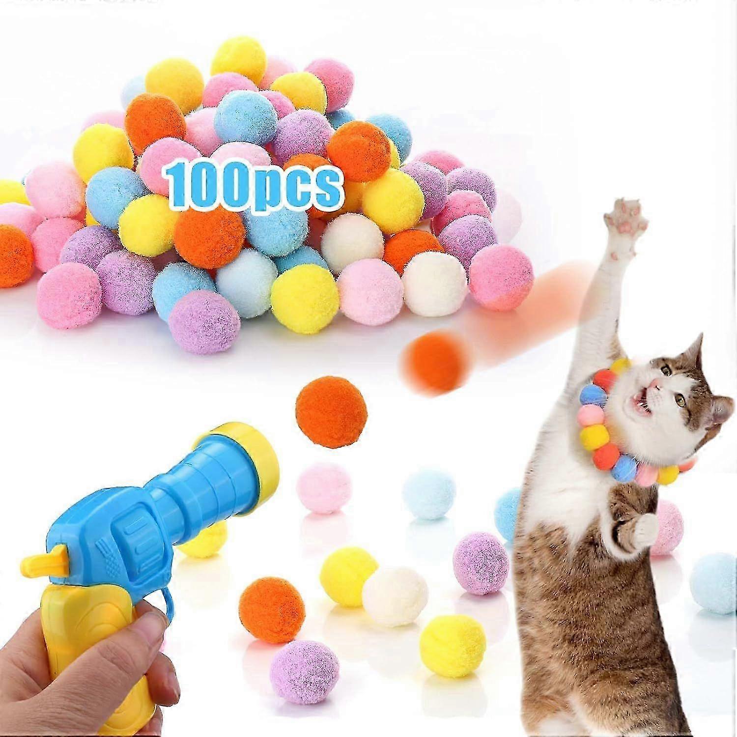 Interactive Cat Toys - 100pcs Pom Pom Balls with Launcher Set for Bored Indoor Cats, Cat Toy Ball Launcher for Kitten Enrichment