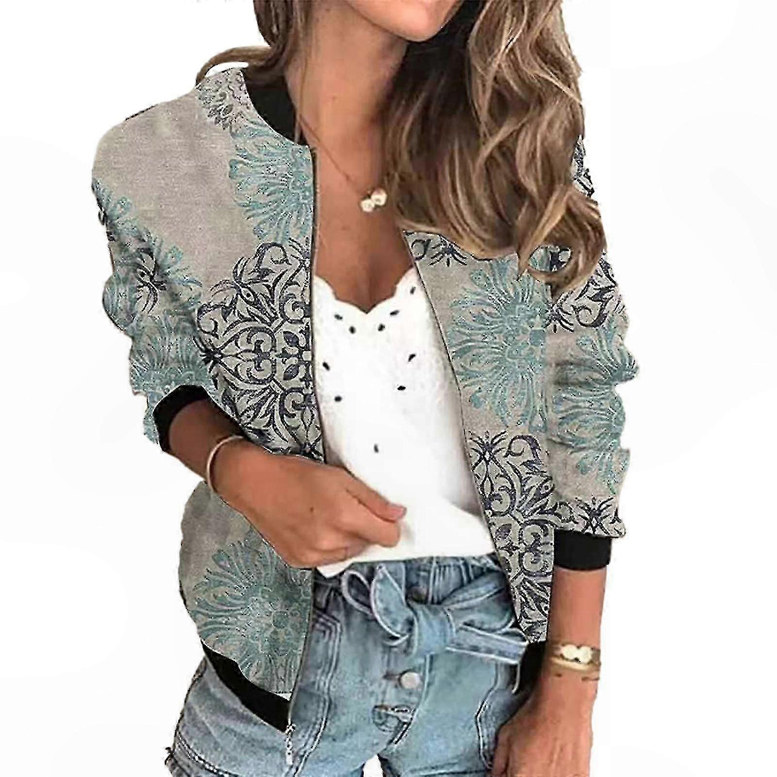 Women's Printed Zipper Short Jacket Long Sleeve Panel Top for Spring Autumn