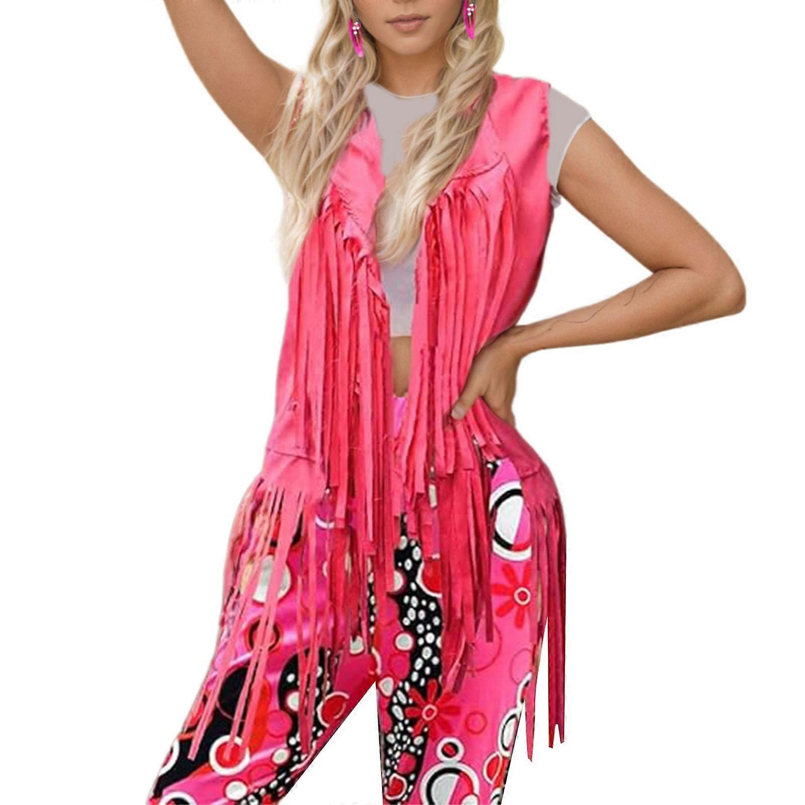 Ensemble déguisement hippie années 70 comprenant un gilet à franges, un pantalon groovy et des boucles d'oreilles bandana. Idéal pour une soirée à thème mode. Rose rouge XL.