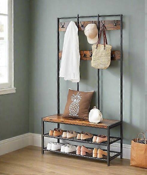 Industrial Entryway Coat Rack With 12 Hooks And Bench