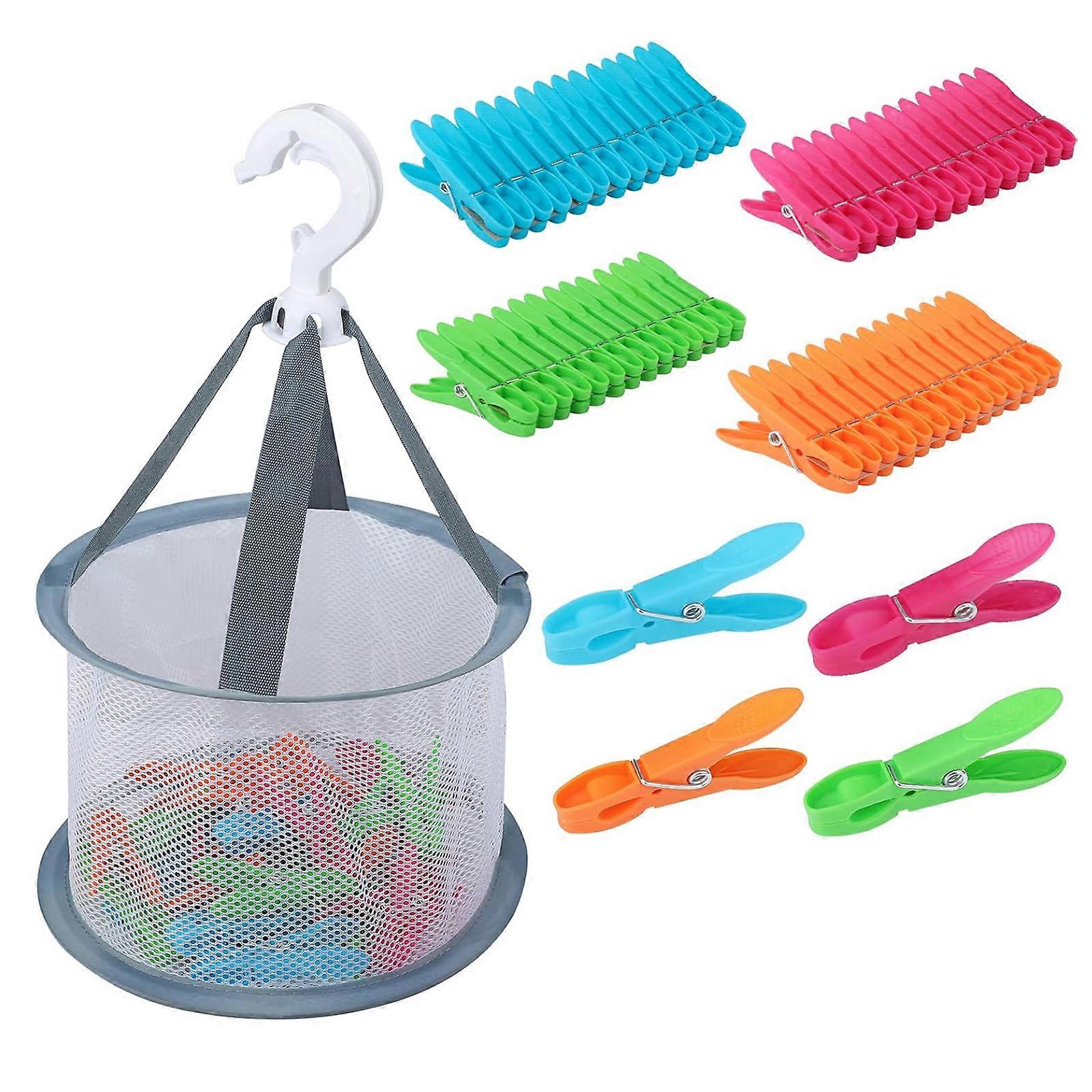 Assorted Color Clothes Pegs Practical Design Nonslip Teeth Includes Practical Organizing Meshes Basket Multicolor