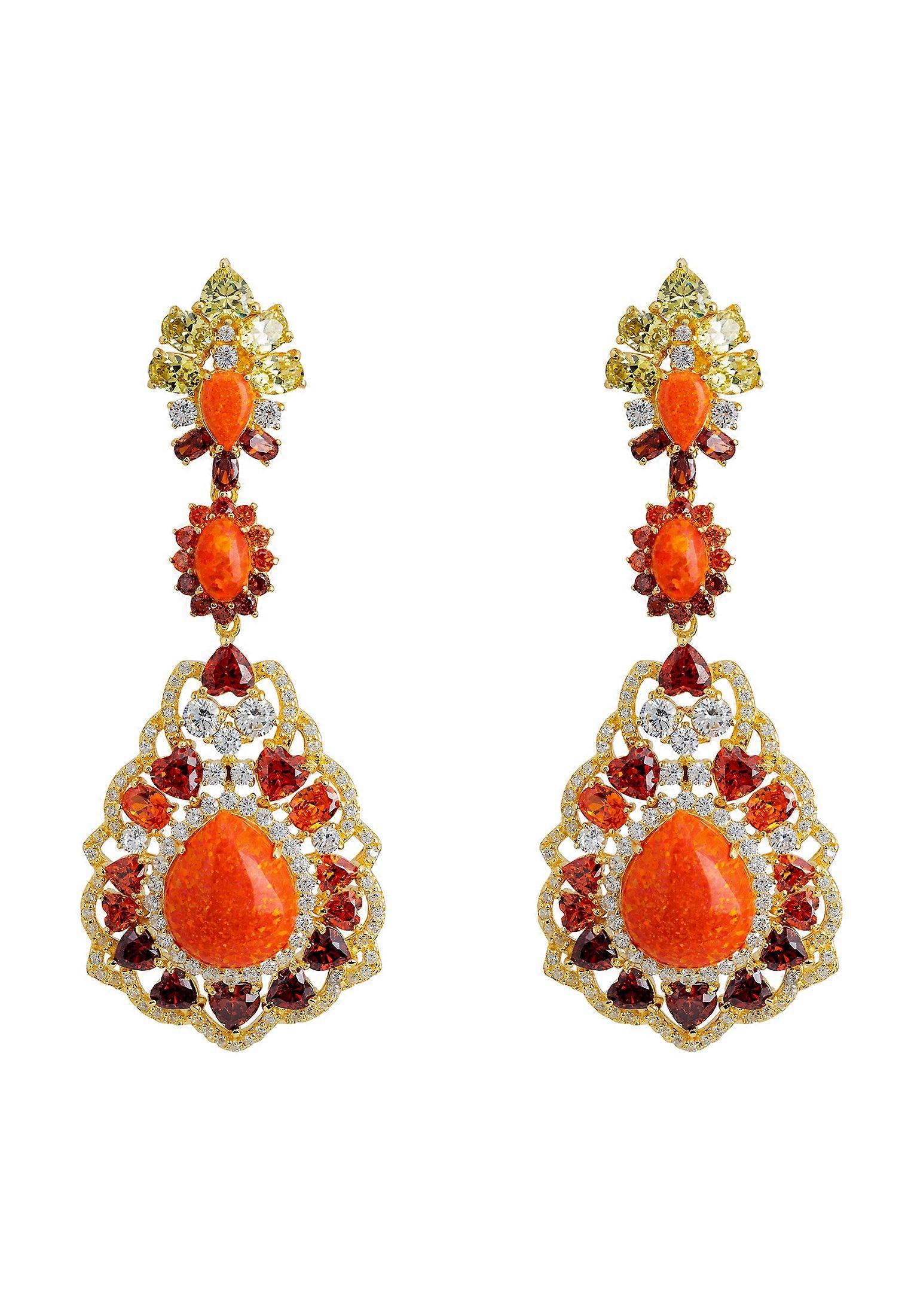 Latelita Women's 925 Sterling Silver and Fire Opal Gold Drop Earrings - Three Teardrop Shaped Earrings with Omega Clasp and Zircon Stones