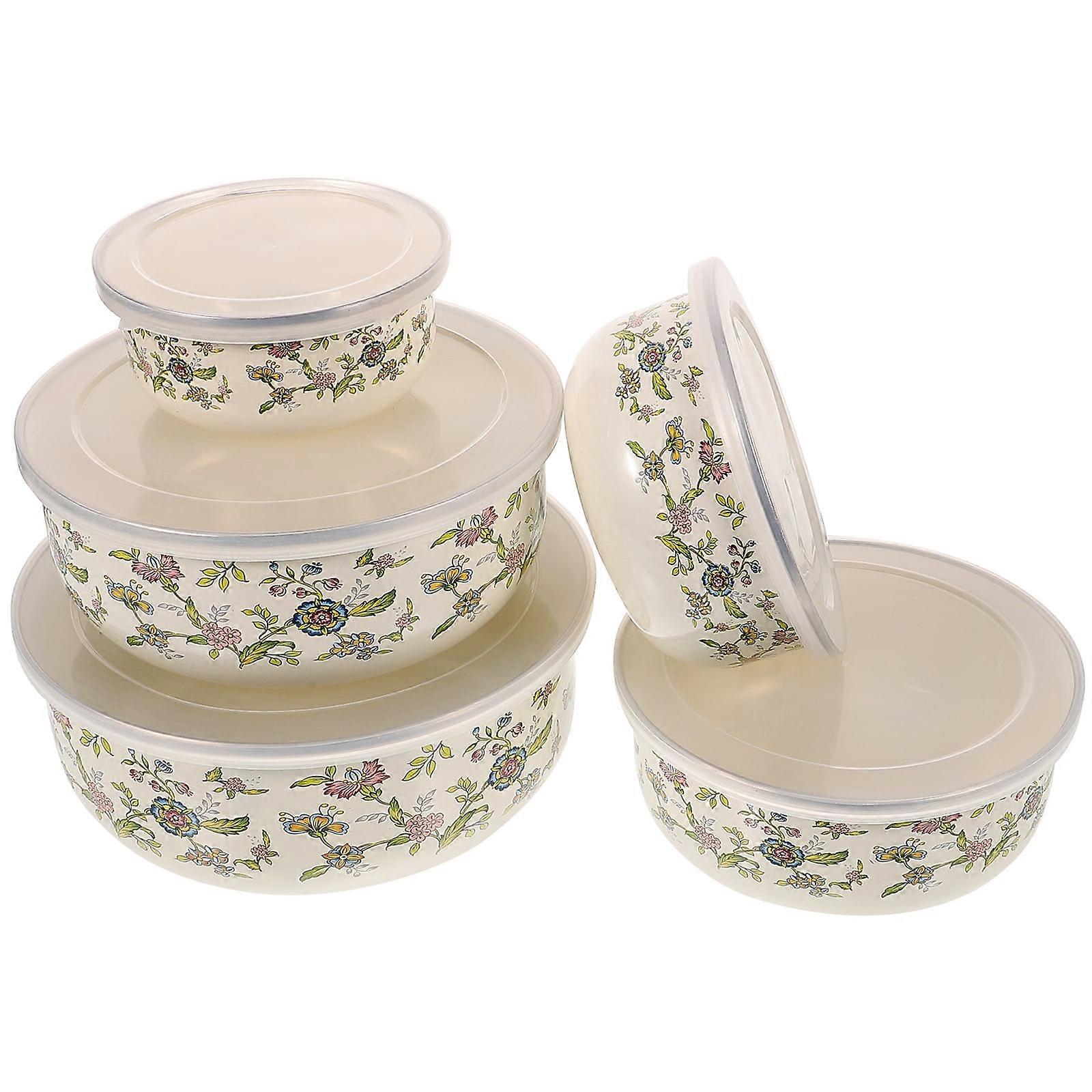 Eease 5pc Enamel Bowl Set with Lids for Mixing, Serving, and Storage