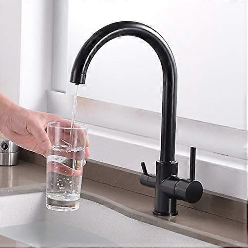 Black Kitchen Faucet with Drinking Water Filter, 360° Swivel Dual Handle Sink Mixer Tap Deck Mounted