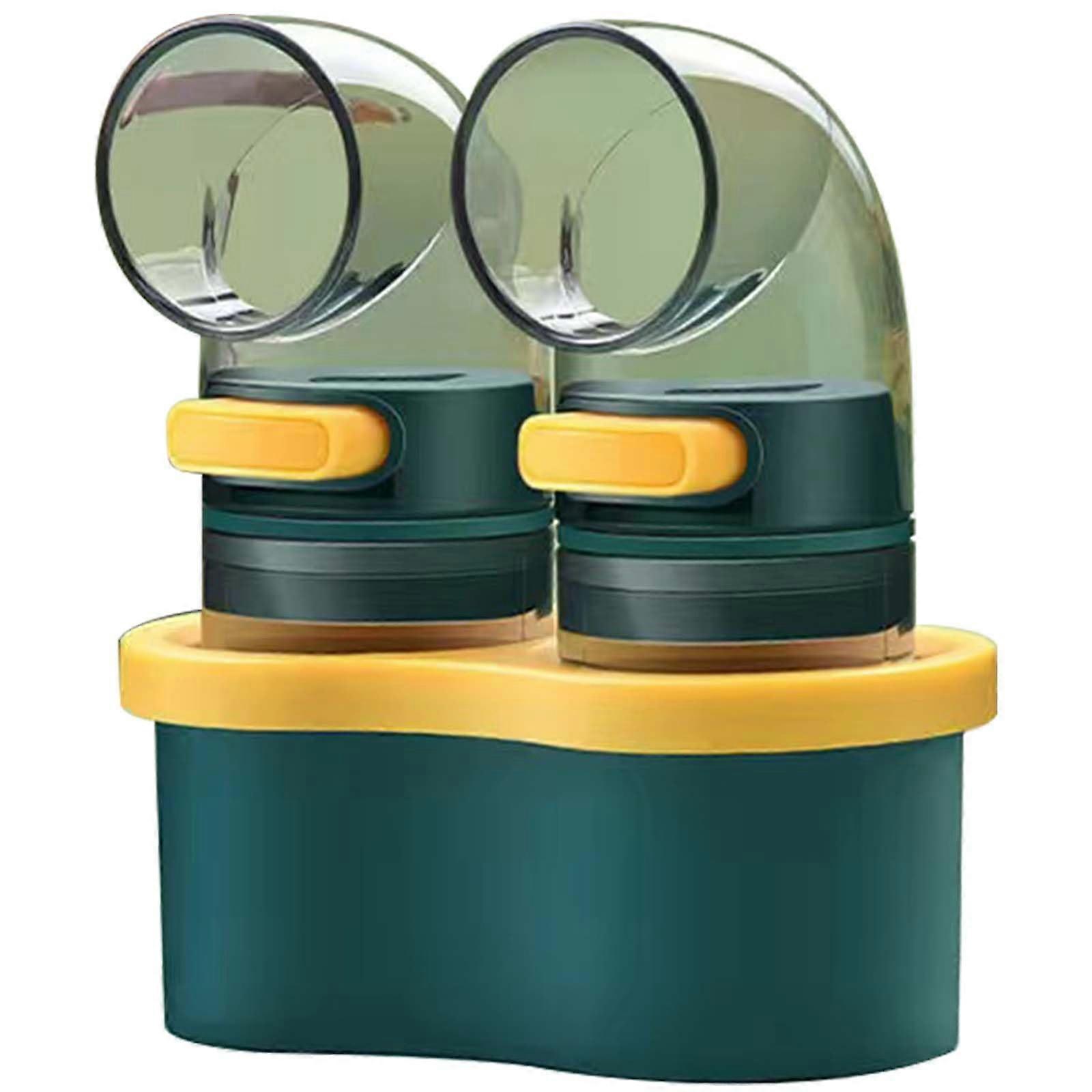 Dual Spice Dispenser with Base, Transparent Bottles, Precise Portion Control for Wet and Dry Seasoning