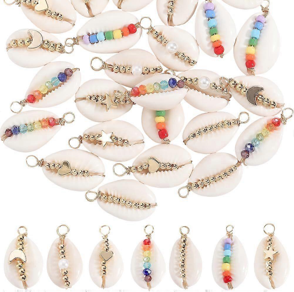1 Box 28Pcs 7 Styles Seashell Charms Bulk Natural Shell Charms Summer Life Ocean Conch Hawaii Sea Beach with Star Heart Beads Loop Pendants for Jewelr