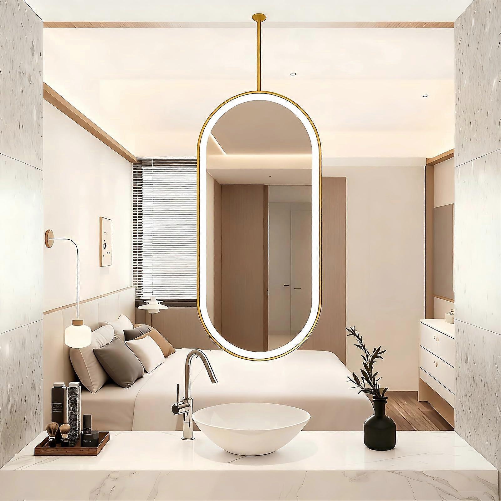Oval Ceiling Mounted LED Bathroom Mirror Gold Frame with 3Color Light and Touch Control 40x70cm