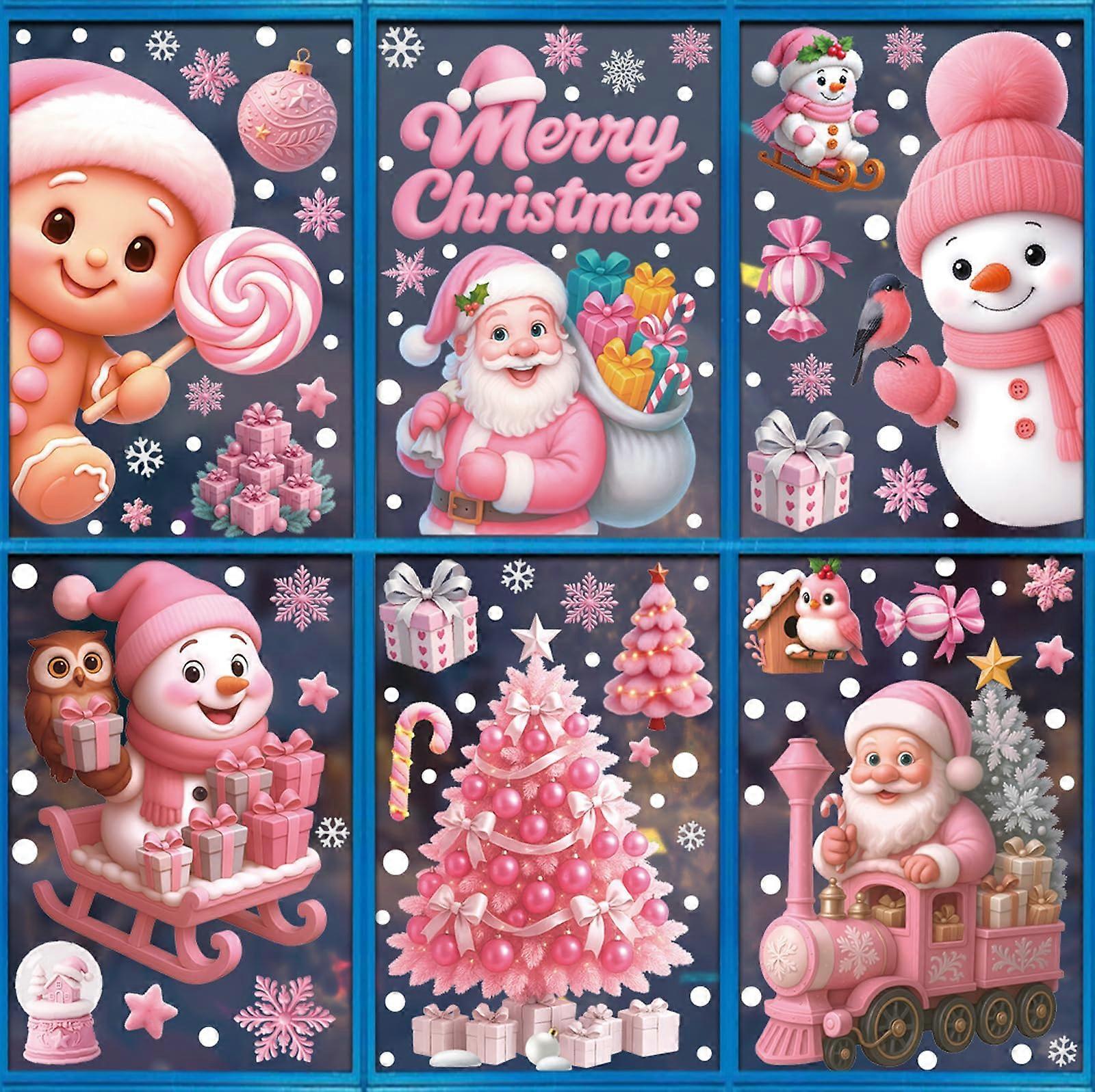 6Pcs Reusable DoubleSided Christmas Window Clings Pink Santa Snowman Tree Snowflake Decals