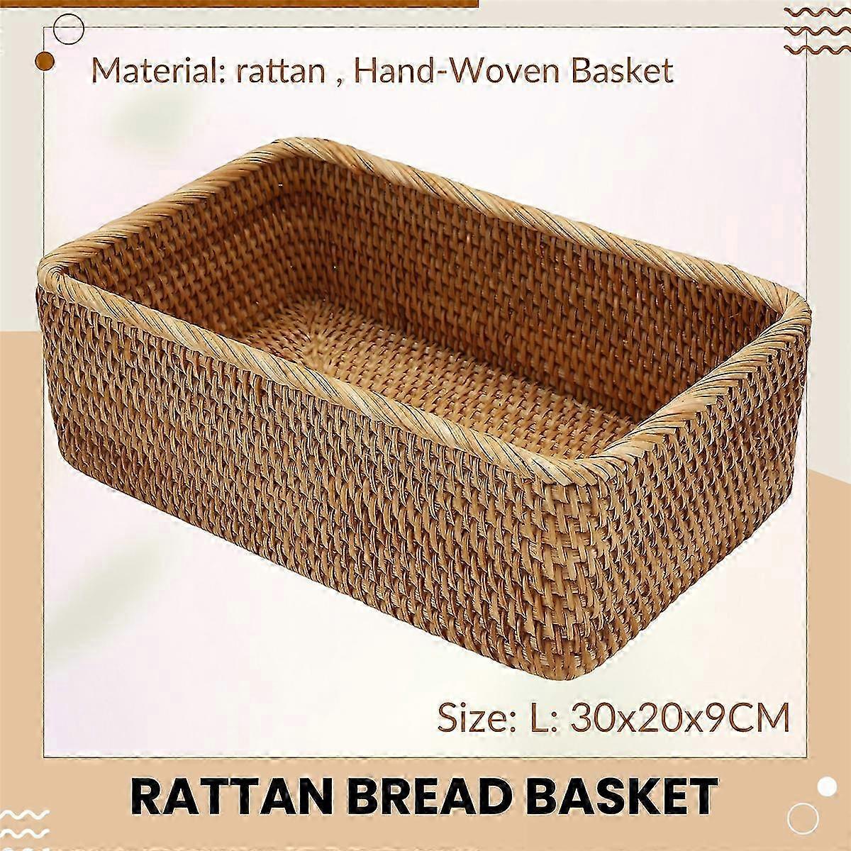 Hand-Woven Rectangular Rattan Wicker Basket Fruit Tea Snack Bread Picnic Cosmetic Storage Box Kitche