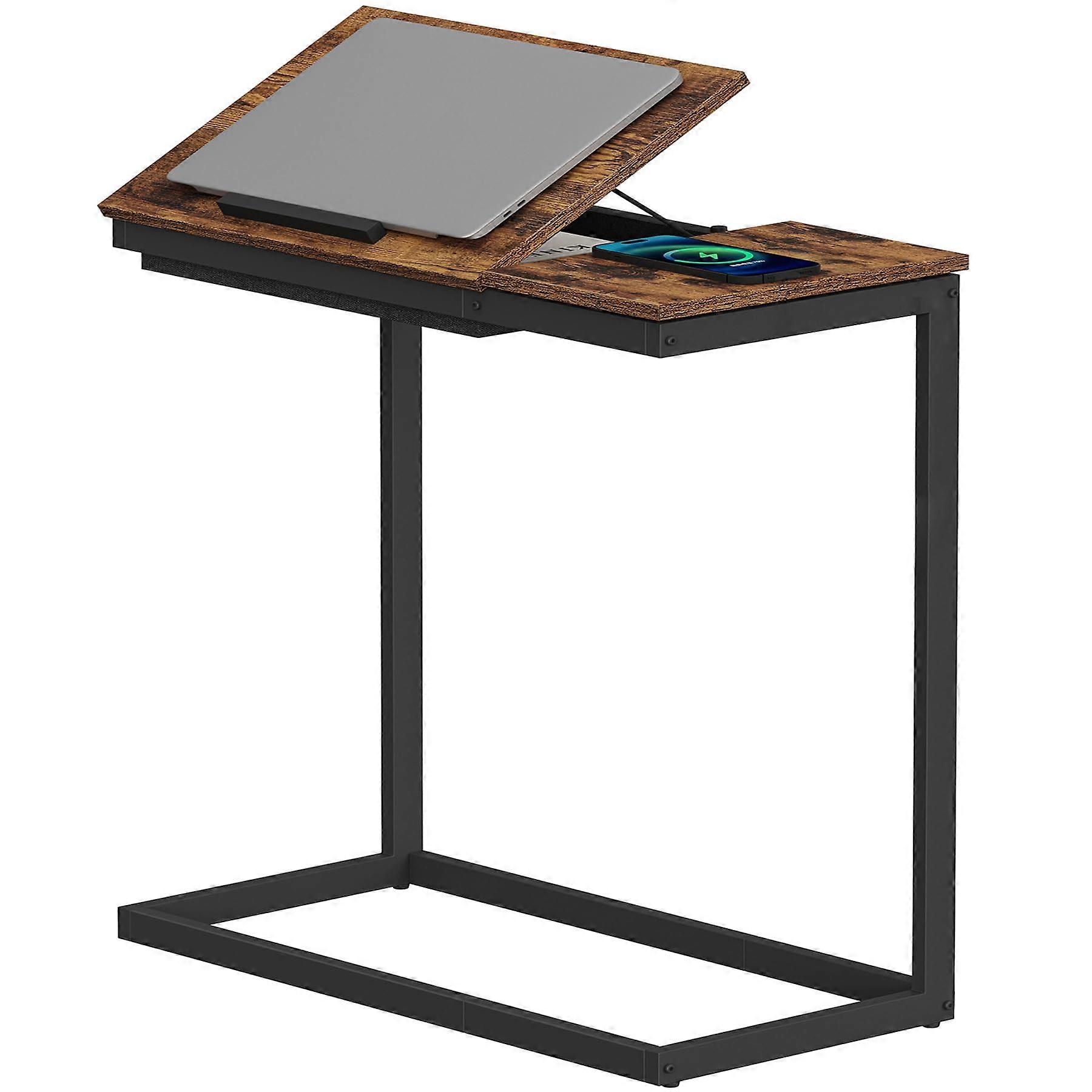 C Shaped Side Table with Adjustable Tiltable Desk, Hidden Storage, SpaceSaving Design, Brown