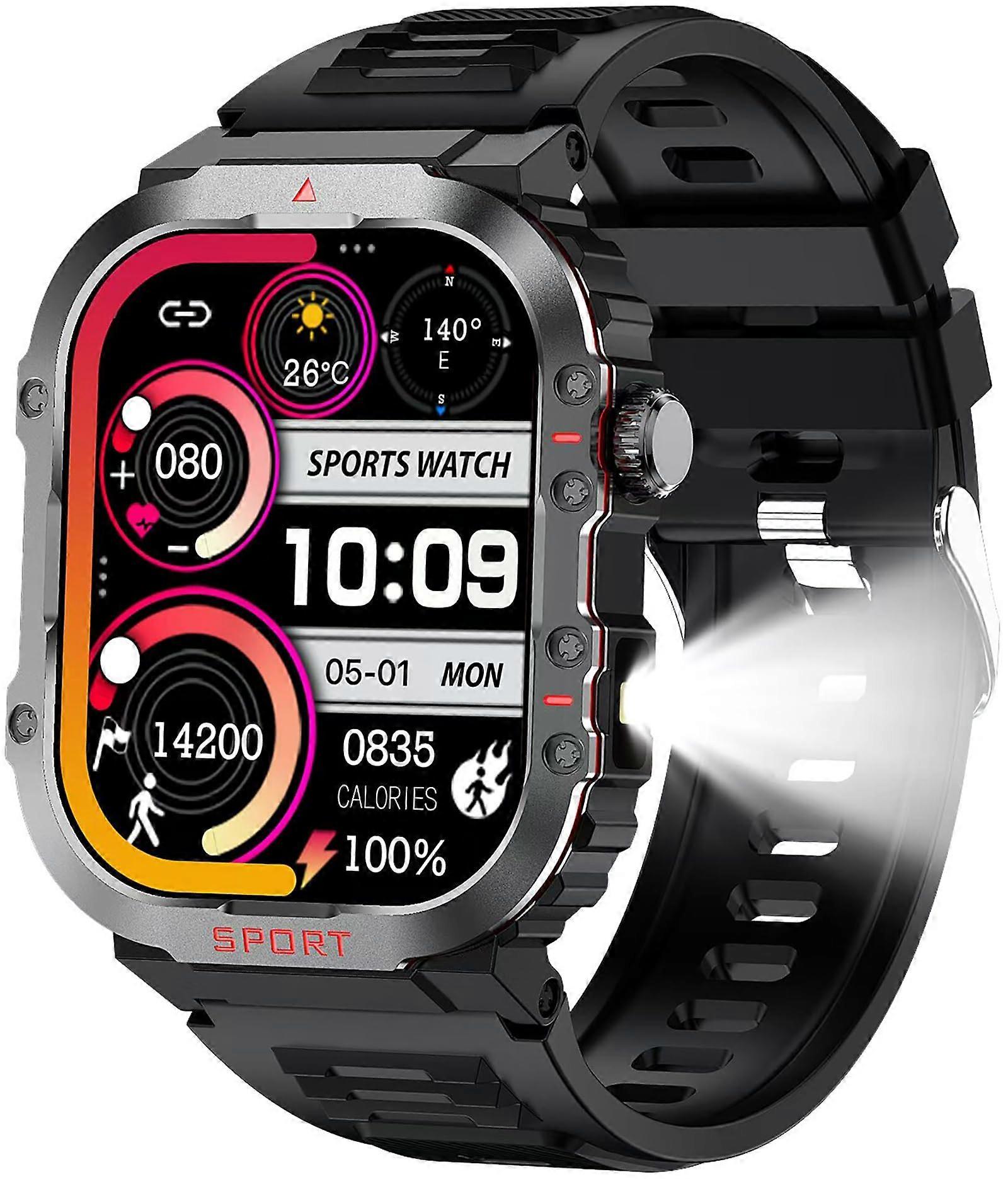 Tactical Smartwatch with Bluetooth Calling, LED Flashlight, Compass, Waterproof 2.01'' HD Display