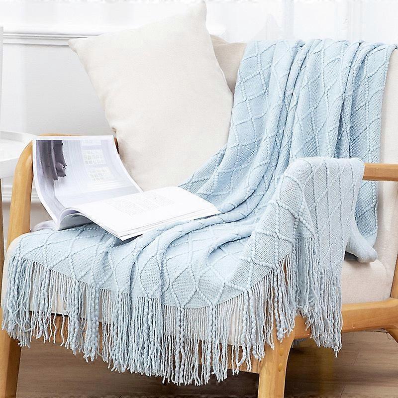 Textured Throw Blanket Solid Soft For Sofa Couch Decorative Knitted Blanket,diamond Texture ,lake Blue