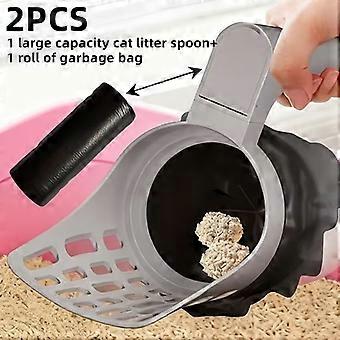 Cat Litter Scoop Set 2 Pcs, Large Capacity Litter Spoon with Garbage Bag, Non-Contact Ergonomic Handle, Durable Plastic, Easy Clean for Indoor Outdoor