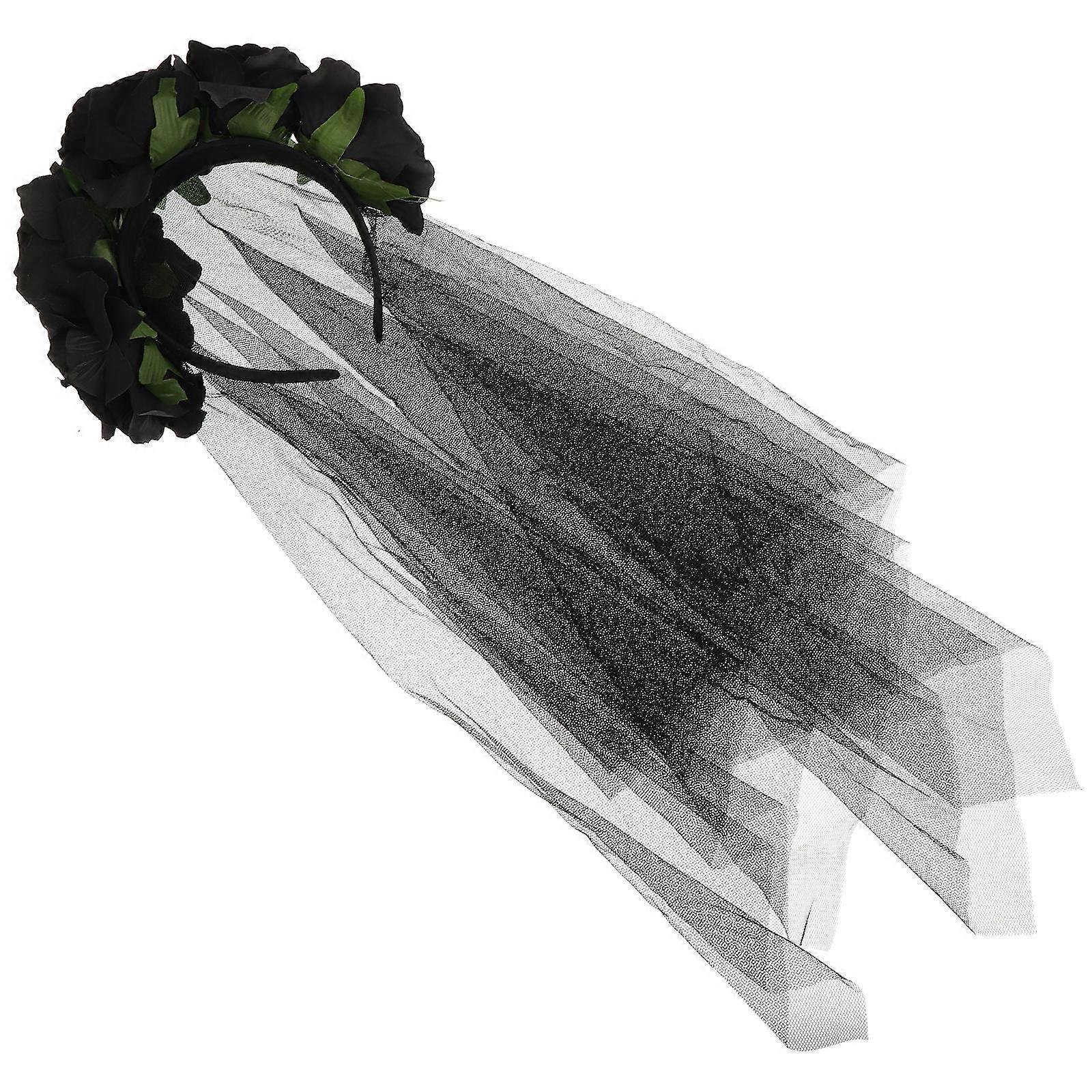 Véu de Halloween com Rosas e Tiara Preta