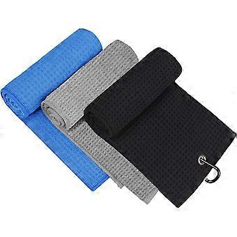 Golf towels, 3-pack microfiber golf towels (16 inches x 16 inches), with carabiner, tri-fold waffle pattern, blue, black, and grey.