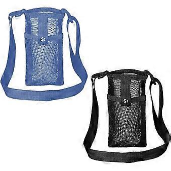 2 Pcs Water Bottle Carrier Bags, Mesh Pouch Holders with Adjustable Strap, Black & Navy Nylon Slings for Outdoor Travel Hiking Camping