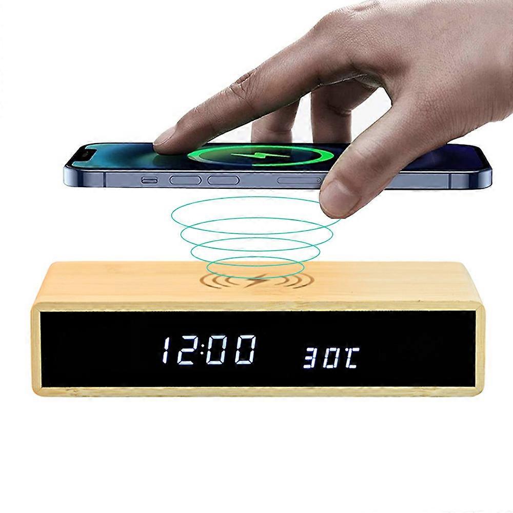 Bamboo Wireless Charging Desk Clock, Silent, Adjustable Brightness