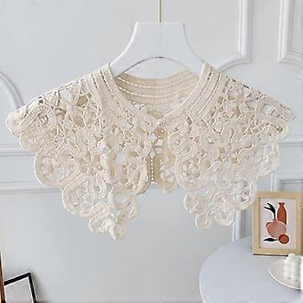 Hollow Knit Mock Collar Scarf with Faux Pearl Buttons, Floral Lace Trim, Solid Color Shawl Necklace for Women