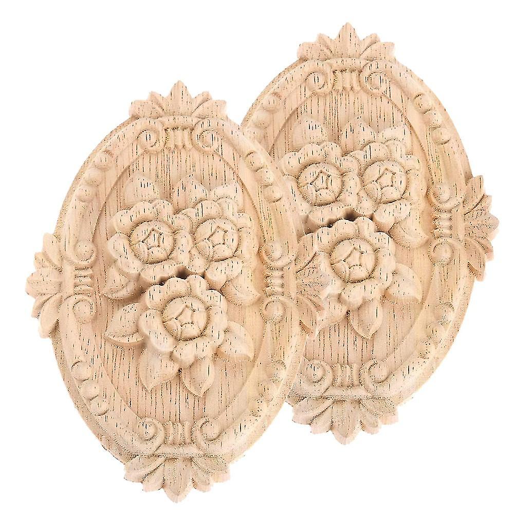 2pcs Wood Carved Applique Frame Onlay Unpainted Furniture Decoration Unpainted Oval Patterns 21x15c