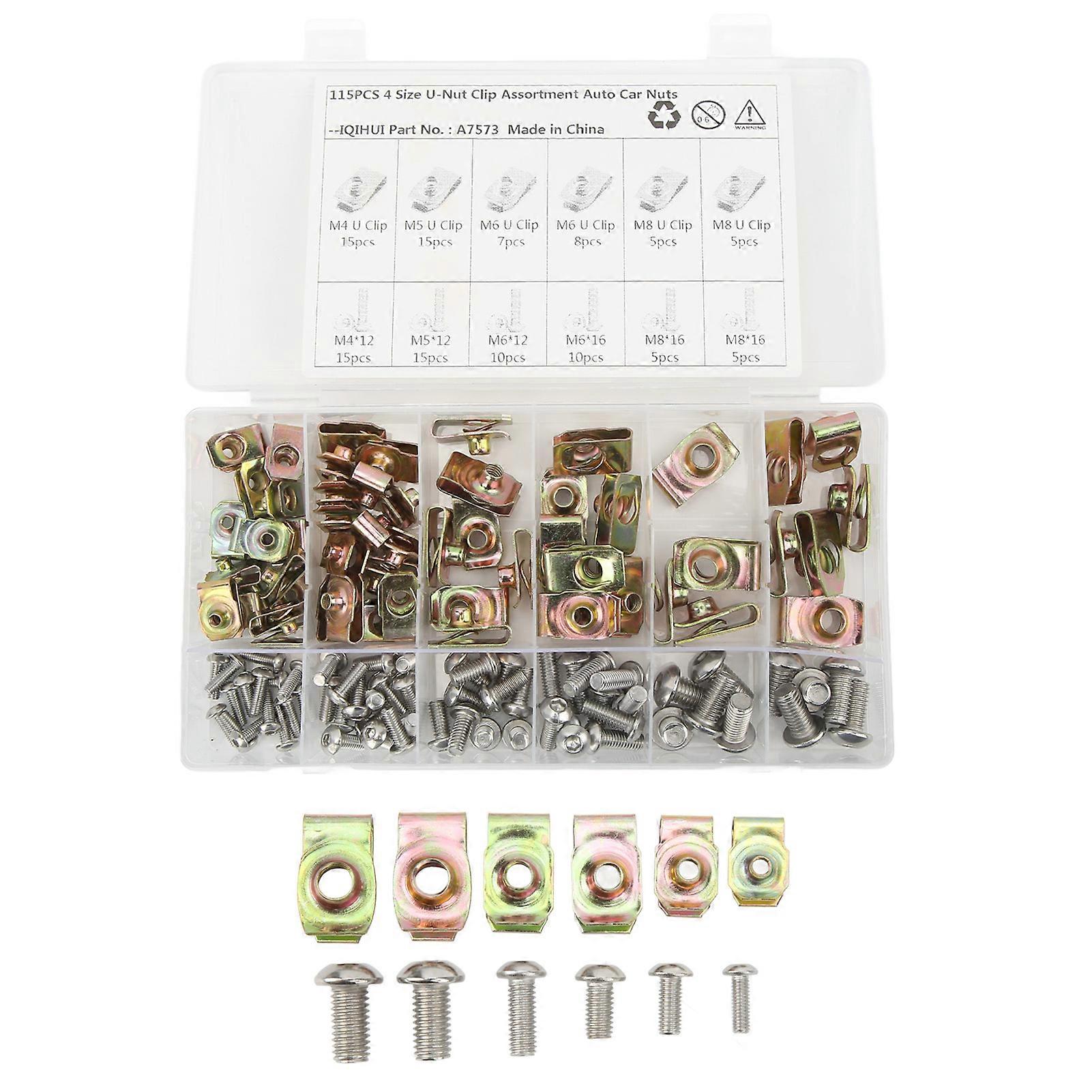 115 Pcs U Nuts Kit, 4 Sizes M4, M5, M6, M8, Assortment of Colorful Galvanized Screws for Car and Motorcycle
