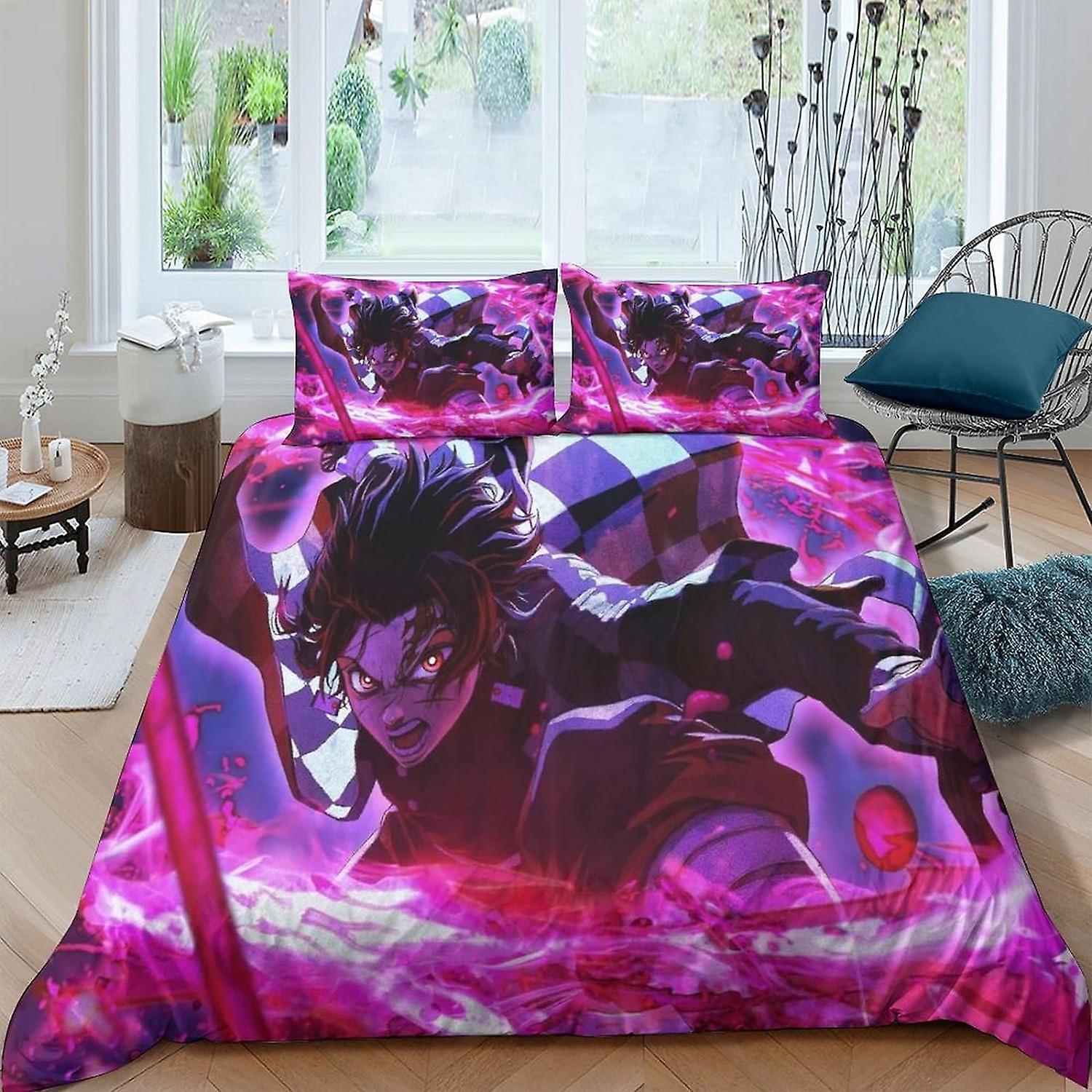 EKENOZ Demon Slayer Housse de Couette Ensemble Animation Imprimée en 3D Housse de Couette Ensemble De Literie Microfibre Housse de Couette Ultra Douce 3 Pcs \u200bavec Fermeture à Glissière