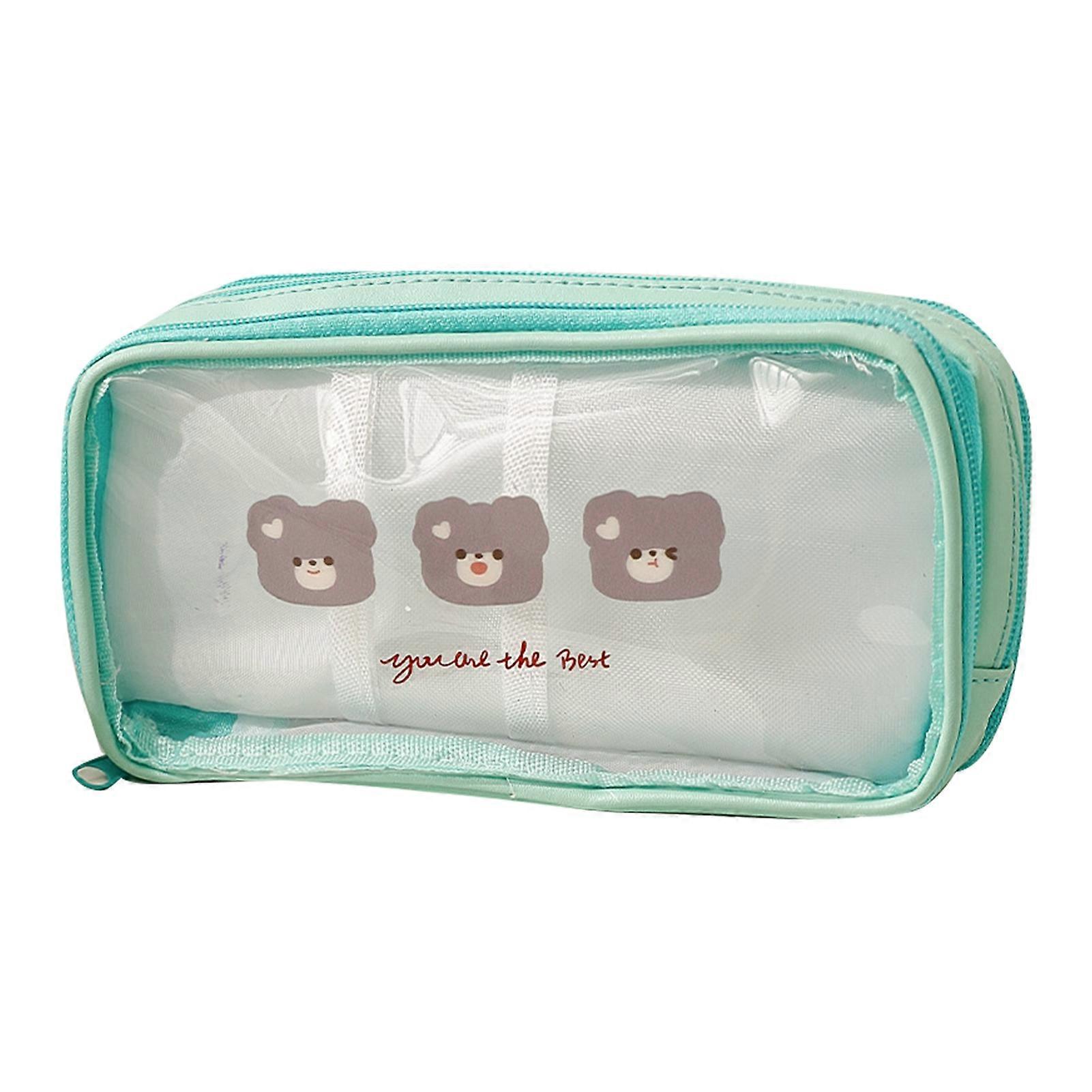 Transparent Pencil Case Cute Cartoon Pattern Large Capacity Waterproof PVC Pen Case Pencil Storage Bag Green Three Bear