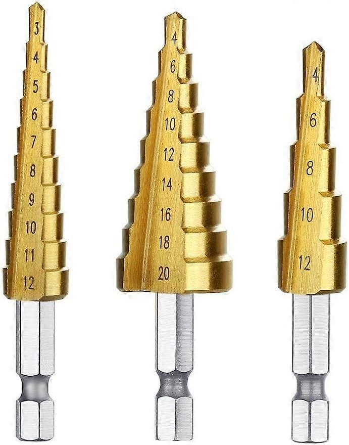 Set of 3 Step Countersink Drill Bits, Stainless Steel, 3–12mm, 4–12/20mm, Conical Triangle Titanium,