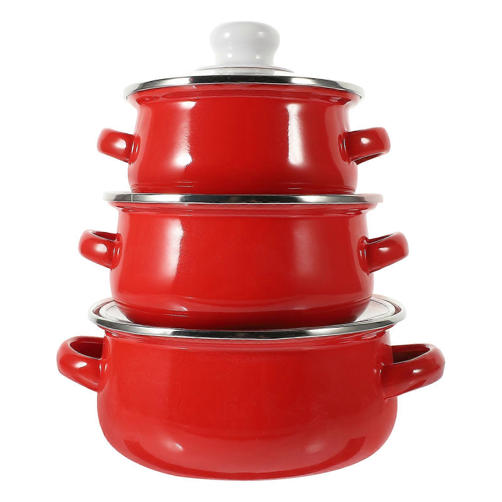 3Pcs Kitchen Pot Multi-use Enamel Cooking Pot Double Handles Soup Pot Flat Bottom Pot