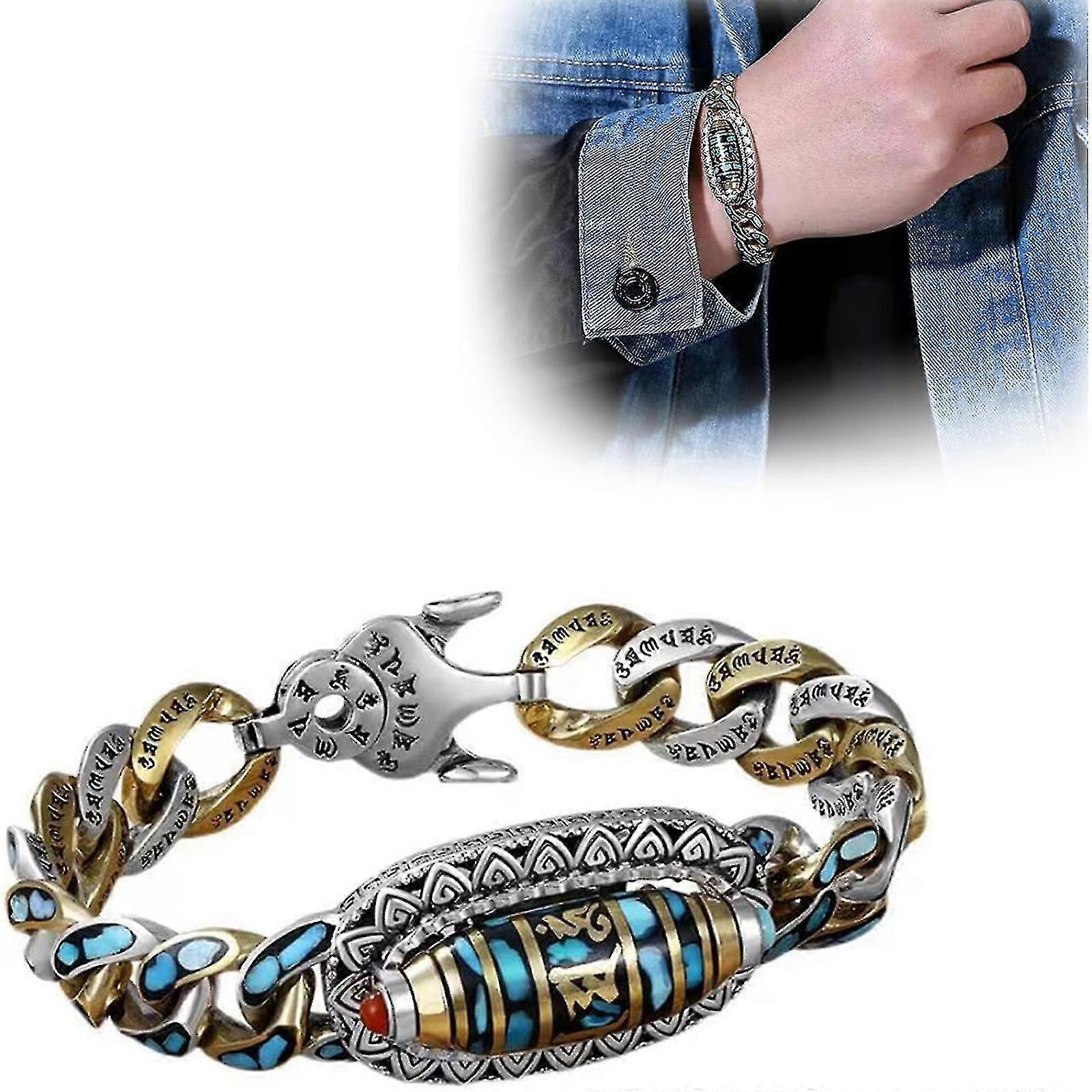 Turquoise Six-character Mantra Nine-eyed Dzi Bead Bracelet, Transfer Rotating Nine Eyes Dzi Beads Bracelet, Meditation Luck Amulet Bracelet