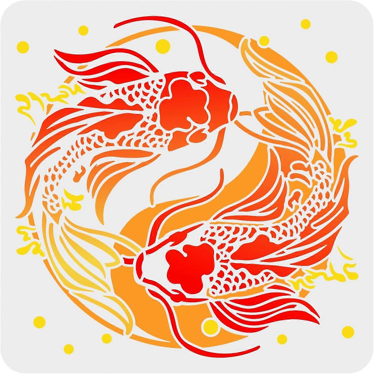 Koi Stencil 11.8x11.8 inch Yin Yang Koi Fish Drawing Painting Stencils Template Plastic Koi Fish Pattern Stencil Large Reusable Carp Fish Stencils for